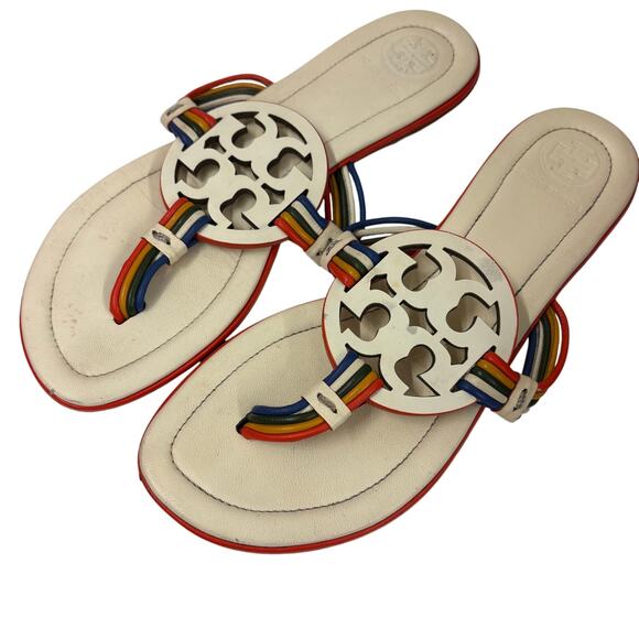 Tory Burch Miller Mignon Sandals Ivory Rainbow Strap Flat Slip On Sandals Size 5 - Picture 1 of 7